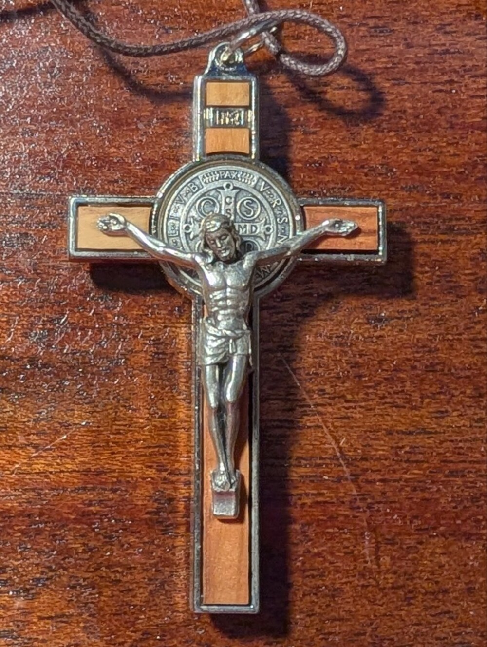 Saint Benedict Crucifix Pendant, Wood & Metal, 3" x 2" Made In Italy New In Box